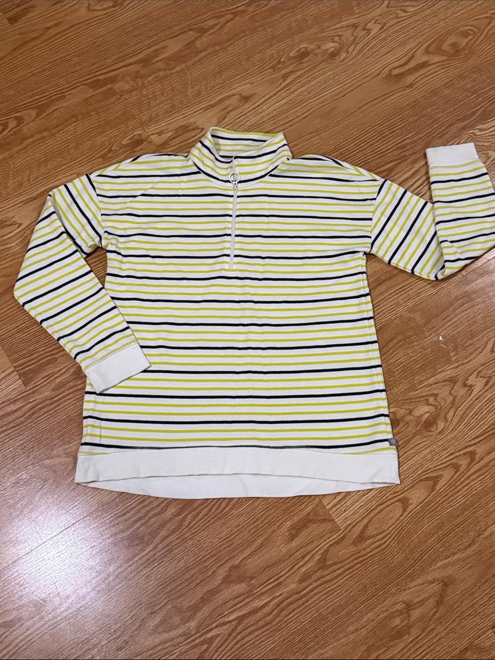 T by Talbots Yellow, Black & White Striped Zip Mock Neck Sweater
